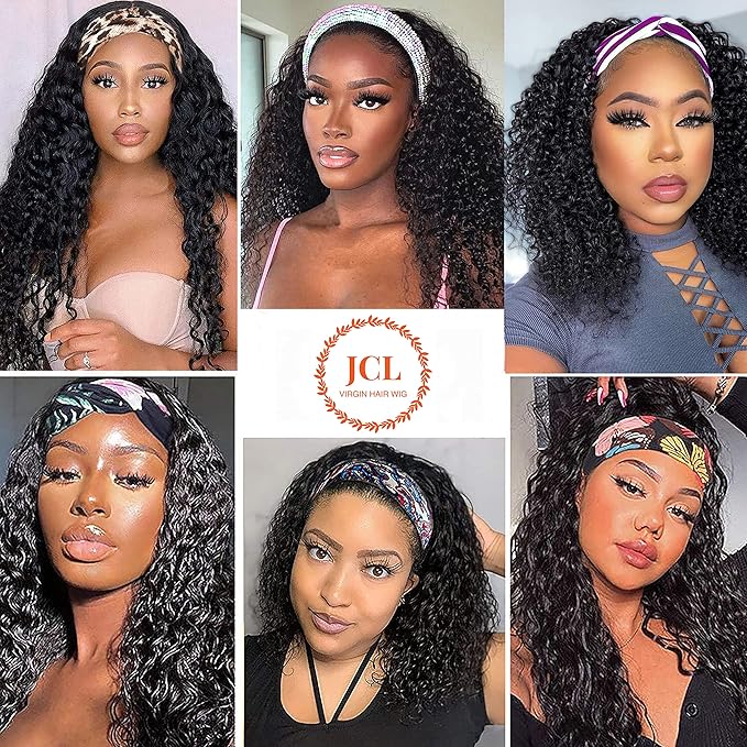 JCL Curly Headband Wig Human Hair Headband Wig 180% Density 12A Glueless Wigs Human Hair 10 Inch Curly Wave headband Wig Natural Color Human Hair Wigs for Black Women