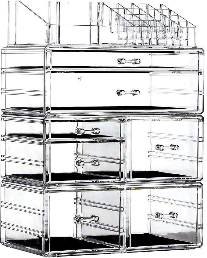 Cq acrylic 4 Pack Clear Skincare Organizer for Vanity,Stackable 7 Drawers Make Up Organizer,Cute Cosmetic Organizers for Vanity Jewelry,Hair Clip,Beauty,Skincare Product Dresser Acrylic Desk Organizer