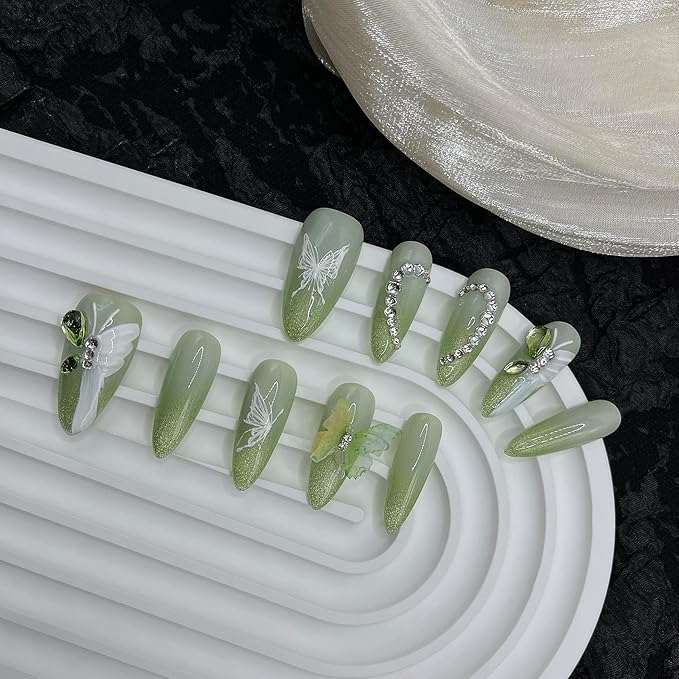 Wsliana Handmade Press On Nails - Long Almond Shape with Green Cat Eye Tip, 3D Butterfly and Diamond Heart Design, 10pcs Glue On Acrylic Fake Nails with Storage Box | Elegant Nail Kit (052 XS)
