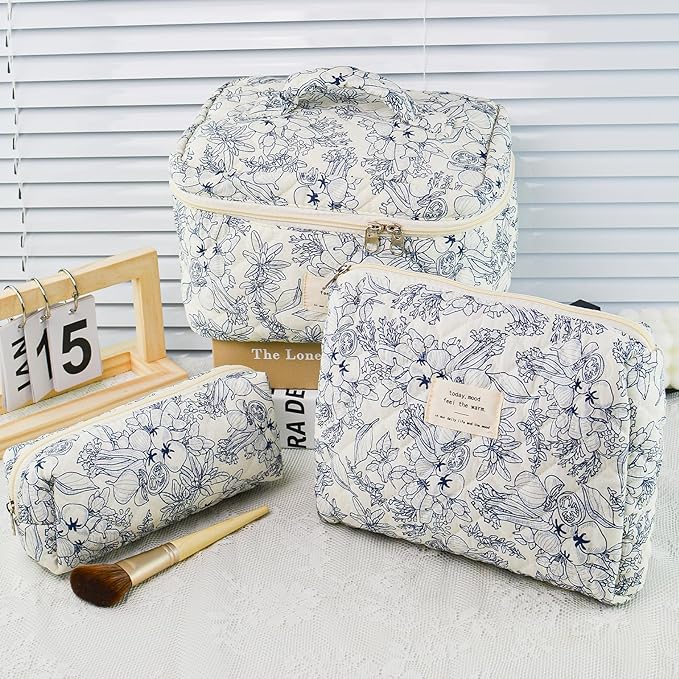 Makeup Bag, 3 PCS Quilted Makeup Bag, Cute Floral Cotton Cosmetic Bag set, Coquette Makeup Pouch Large Travel Toiletry Bag