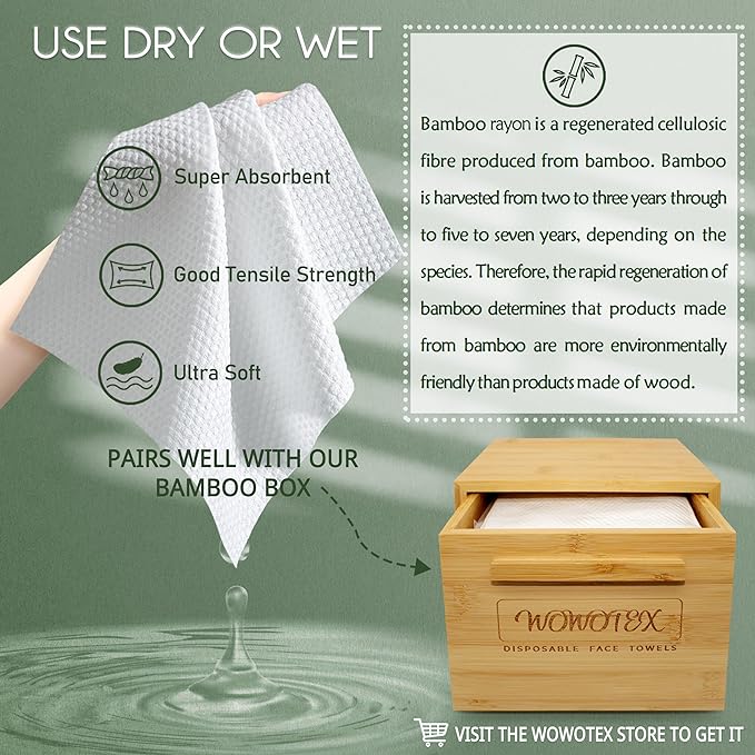 Bamboo Rayon Disposable Face Towel Biodegradable Large Dry Face Wipes 60 Count/1 Box Extra Thick Soft Clean Facial Towels for Sensitive Skin, Makeup Removing, Facial Cleansing, Nursing, Travel
