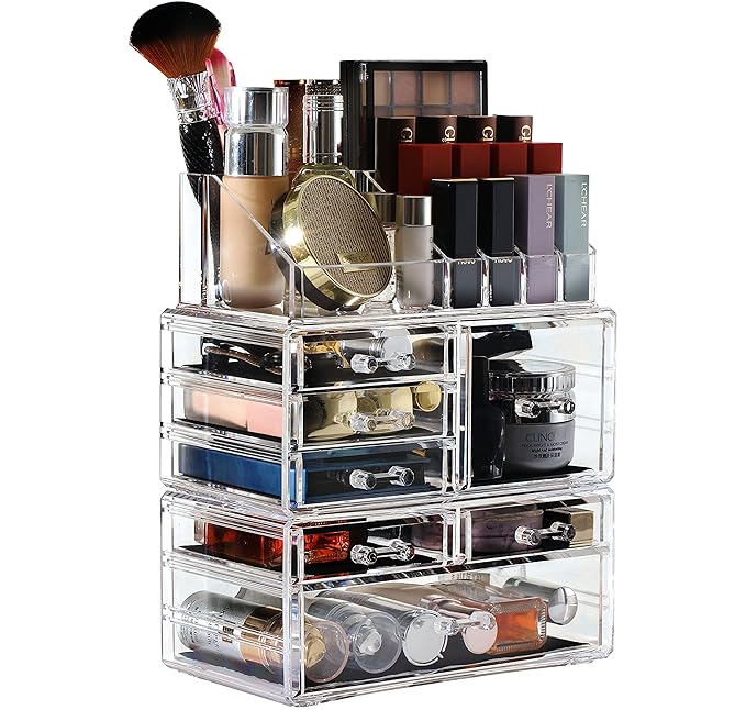 Cq acrylic 3 Pack Clear Makeup Organizer Countertop,Stackable 7 Drawers Skincare Organizer,Cute Skin Care Organizer for Vanity Hair Clip,Jewelry,Beauty Product Desk and Make Up Organizers for Vanity