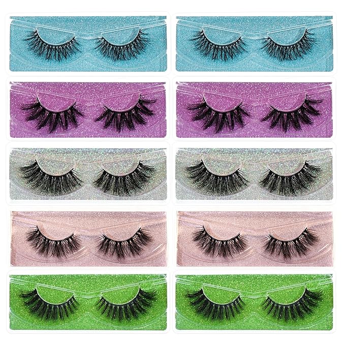 Wholesale Lashes, 3D Faux Mink Eyelash Bulk, 18mm Handmade Reusable Eye Lash, 5 Styles Dramatic Fluffy False Lash with Glitter Portable Packing (Fluffy 5 styles-10 pairs)