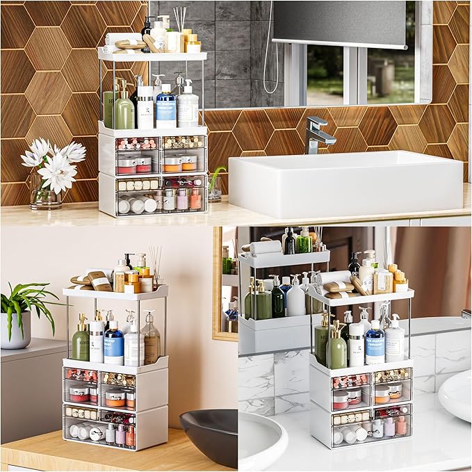 3 Pack Bathroom Organizers and Storage Countertop With 7 Drawers,Stackable Skincare Products Organizers,18.9" Tall Large Capacity Skincare Organizer and Exquisite Top of Dresser Organizer,White