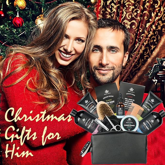 Bath Gift Set 14Pcs Beard Grooming, Bath & Body Spa Kit w/Beard Oil, Beard Balm, Beard Brush, Beard Comb, Beard Scissors, Storage Bag, Beard Growth Care for Men, Dad, Husband