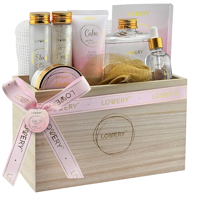 Mothers Day Bath Gift Set - Home Spa Gift Basket with Milky Coconut, Vitamin E & Shea Butter with Shower Gel, Bath Salt & Crystals, Body Scrub, Hand Cream, Body Oil, Bath Pillow, Wooden Crate & More