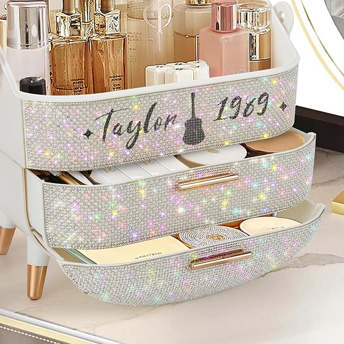 Bling Makeup Organizer for Teen Girl Gift,Hollywood Vanity Makeup Storage Box for Girl Birthday Gift,Practical Gift for Daughter,Bathroom Organizer,Skincare Organizer (Rhinestone Taylor)