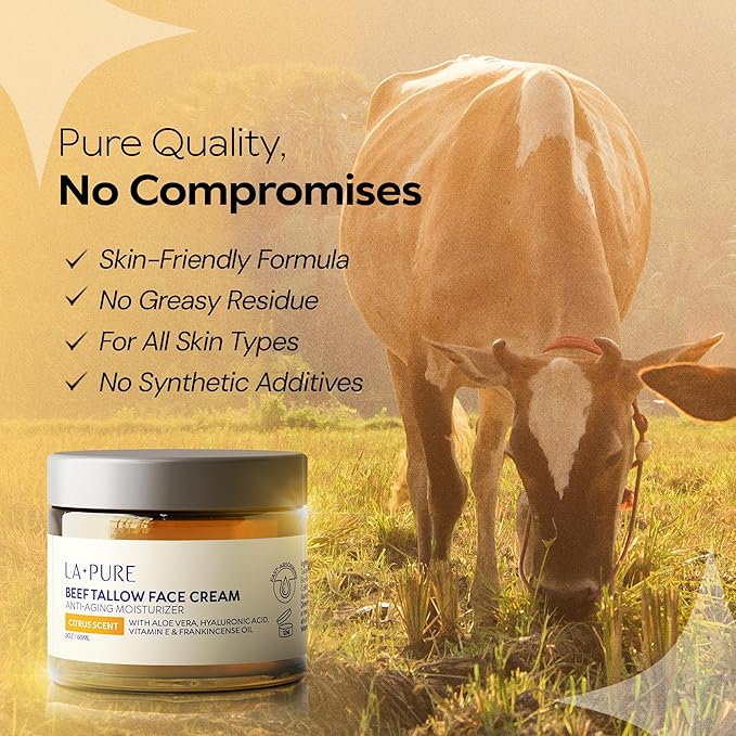Beef Tallow for Skin, Grass-Fed Tallow Face Cream with Hyaluronic Acid, Aloe Vera & Frankincense, Non-Greasy Anti-Aging Moisturizer, Citrus Scent, 2 oz