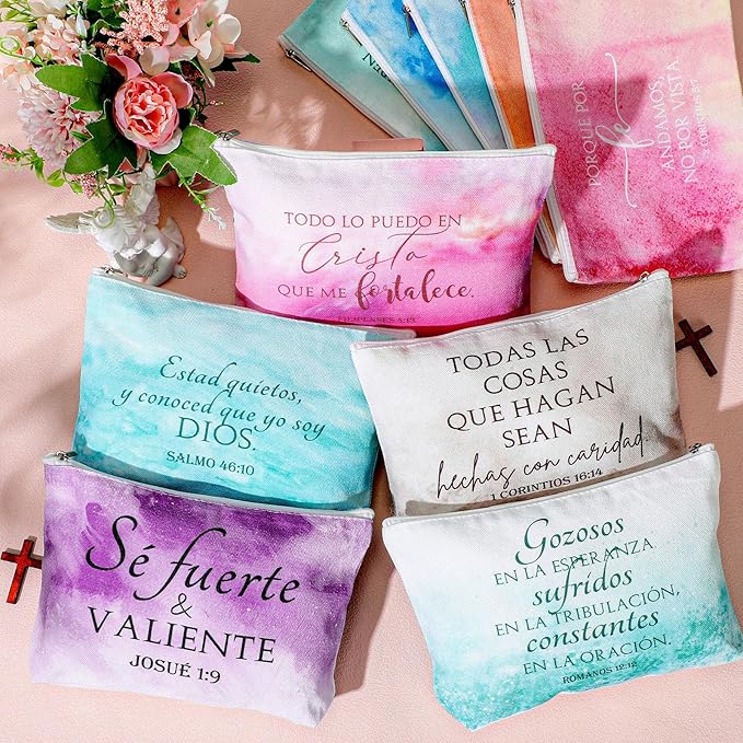 10Pcs Christian Gifts for Women Religious Cosmetic Bags Inspirational Bible Verse Pencil Pouch Canvas Makeup Bags Bulk with Zipper for Mother Sister Church Favors