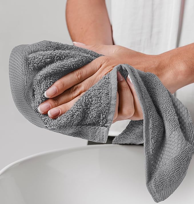 White Classic Light Grey Luxury Cotton Washcloths 12 Pc Set - Large 13x13 Inches Hotel Style Face Towel, High Absorbent Quick Dry Wash Cloths for Home, Spa, Gym, Light Grey, 12 Pack