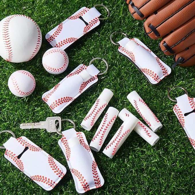 18 Sets Party Favors Lip Balm and Lipstick Holder Keychain Bulk Sport Ball Team Gifts Natural Moisturizing Lip Balm Keychains Pouch for Team Gifts Sports Party Supplies(Baseball)
