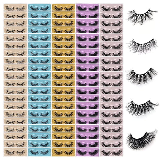 Wholesale Mixed Lashes Pack 3D Faux Mink Eyelashes 5 Style 100 Pairs Fluffy Volume Natural Charming Look Medium Length Eyelashes Cotton Band Handmade Reusable Soft False Eyelashes (5 styles-100 pairs)