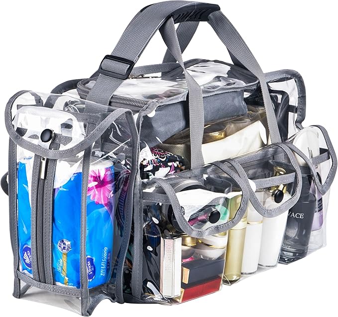 Wide Mouth Large Professional Clear PVC Travel Makeup Artist Set Bag Cosmetic Nails Beauty Bag Transparent Vinyl Tool Organizer Work Bag Beach Bag Diaper Bag with 6 External Pockets & Strap (Grey)