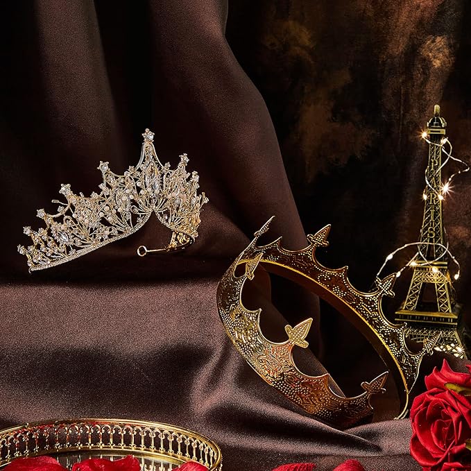 Sureio 2 Pcs Antique Royal King Crown for Men Baroque Queen Crown for 2025 Graduation Prom Party Crystal Tiara Prom Cosplay Birthday Wedding Hair Headband Accessories(Vivid Style)