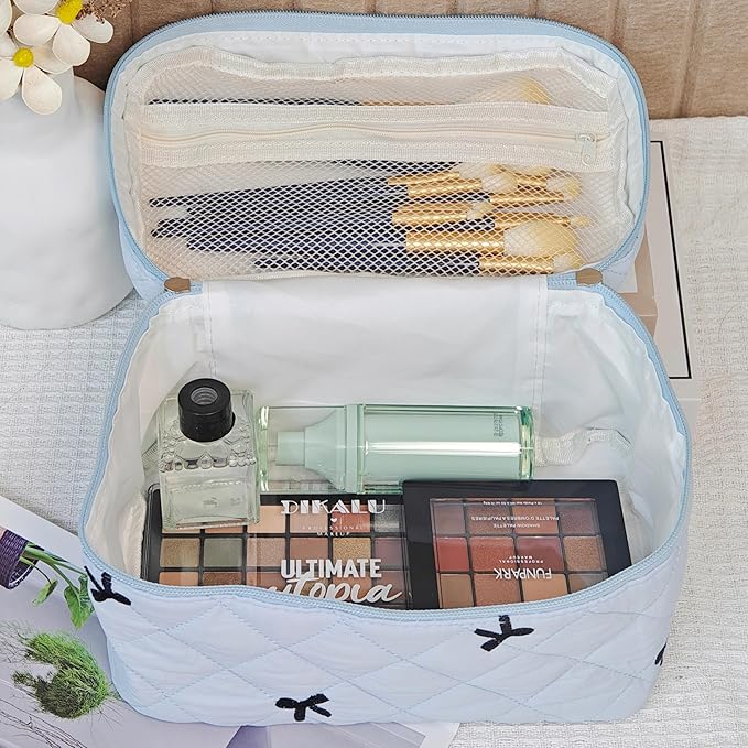 3Pcs Quilted Makeup Bag, Cute Floral Cotton Cosmetic Bag set, Coquette Bow Makeup Pouch Large Travel Toiletry Bag