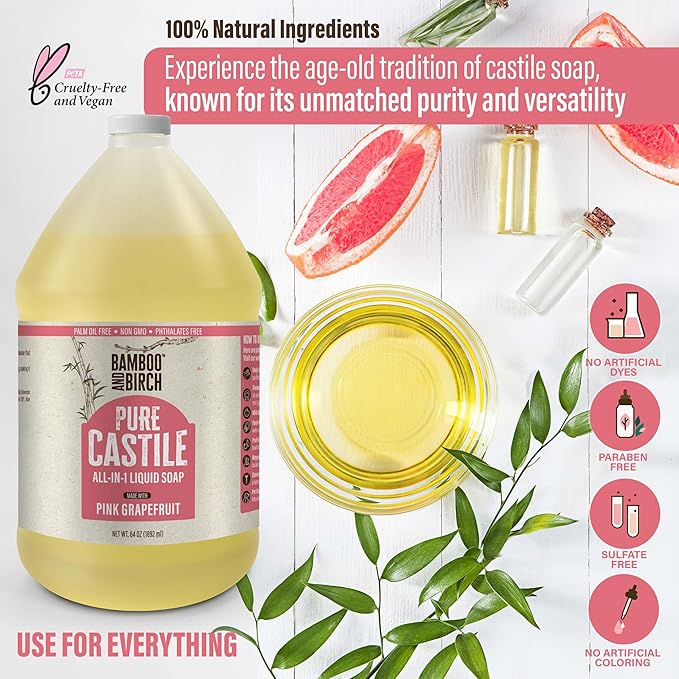 Pure Castile Soap Liquid Organic, Certified Palm Oil Free Natural Soap, Citrus Grapefruit, 64 oz