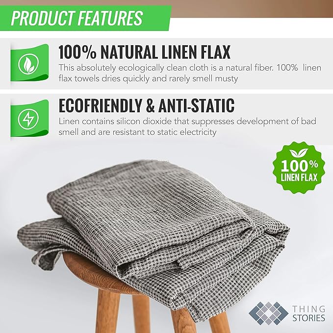 100% Linen Throw Blanket - Extra Large Bath Towel 60x80-inch Black-Natural Waffle Flax Linen Blanket Bed Throw Lightweight Absorbent Thin Oversized Bath Sheets Towels for Adults Quick-Drying XL