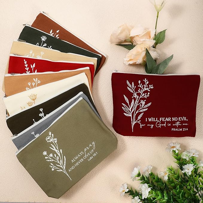 10Pcs Christian Gifts for Women Religious Cosmetic Bags Inspirational Bible Verse Pencil Pouch Canvas Makeup Bags Bulk with Zipper for Mother Sister Church Favors