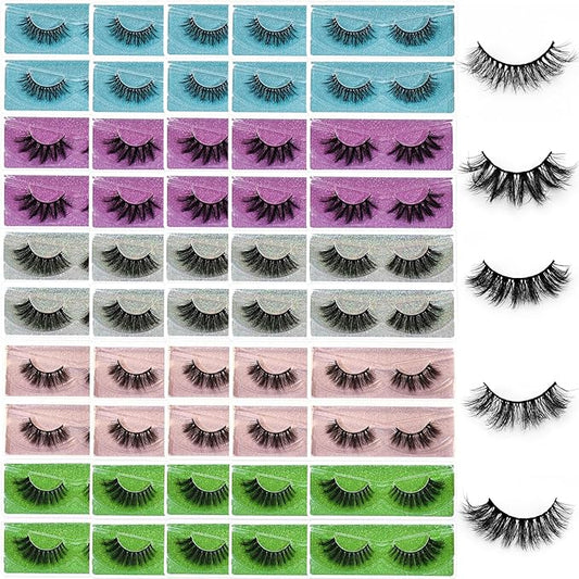 Wholesale Lashes, 3D Faux Mink Eyelash Bulk, 18mm Handmade Reusable Eye Lash, 5 Styles Dramatic Fluffy False Lash with Glitter Portable Packing (Fluffy 5 styles-50 pairs)