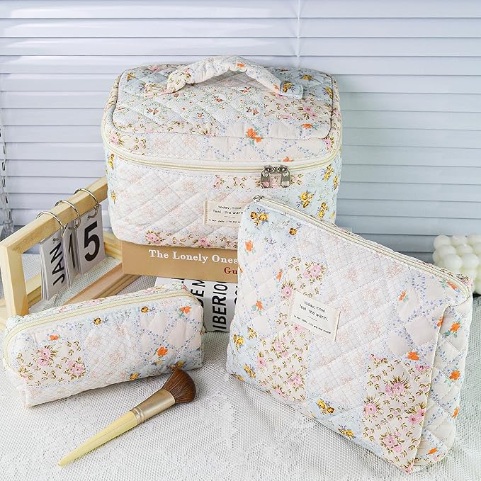 Makeup Bag, 3 PCS Quilted Makeup Bag, Cute Floral Cotton Cosmetic Bag set, Coquette Makeup Pouch Large Travel Toiletry Bag