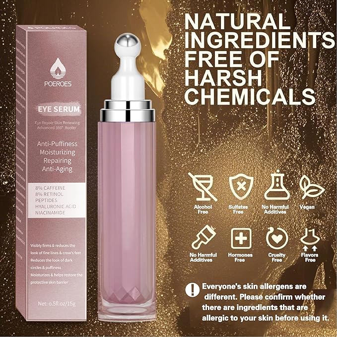 Eye Serum with 8% Caffeine 8% Retinol Hyaluronic Acid Niacinamide peptides for Puffy Bags Fine Lines Dark Circles Wrinkles, Under Eye Cream with 360° Roller Massage Ball, 0.5 fl. oz,Blue