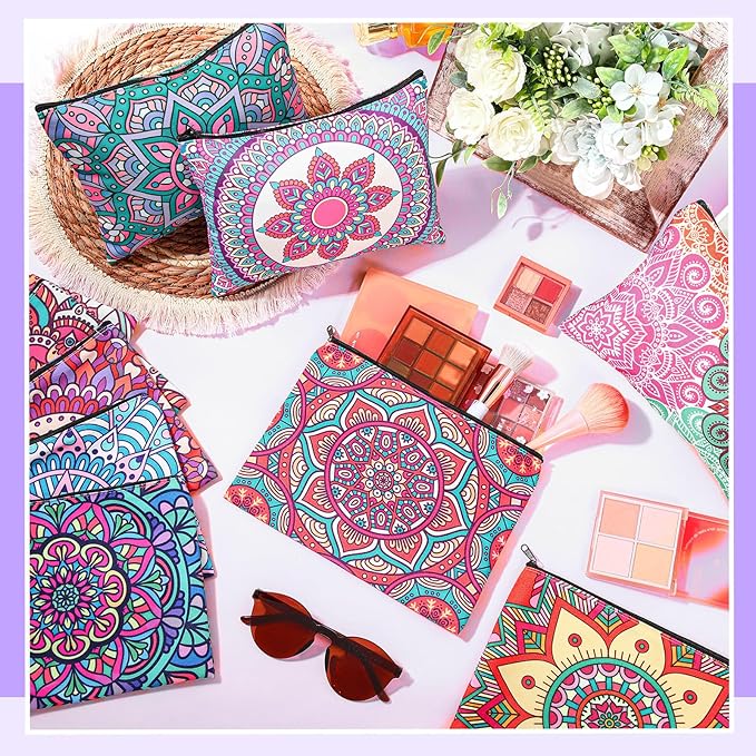 Eccliy 20 Pcs Mandala Makeup Bag Cosmetic Bag Canvas Gifts Colorful Mandala Themed Accessories for Girls Toiletry Pouch with Zipper for Women Party Shopping Home Travel, 9 x 7 Inch