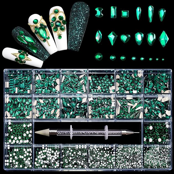 12 Types of Green 600 Diamonds + 2500 Flat Rhinestones Mix 20 Styles Flatback DIY Crafts Rhinestone Crystals 3D Decorations Flat Back Stones Set + Rhinestone Picker Wax Pen