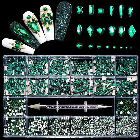 12 Types of Green 600 Diamonds + 2500 Flat Rhinestones Mix 20 Styles Flatback DIY Crafts Rhinestone Crystals 3D Decorations Flat Back Stones Set + Rhinestone Picker Wax Pen