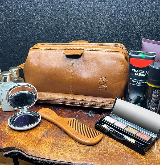 RUSTIC TOWN Leather Toiletry Bag for Men - Shaving Dopp Kit - Travel Gift Bathroom Shower Toiletries Organizer - Cosmetic Makeup Bag for Women