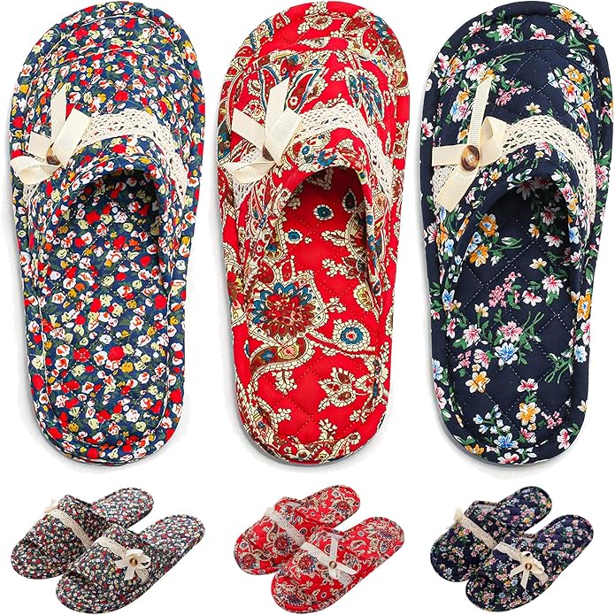 3 Pairs Floral Cotton House Slippers for Women, Open Toe Indoor Slippers Comfortable Washable Portable Foldable Guest Travel Hotel Airplane Spa Slippers