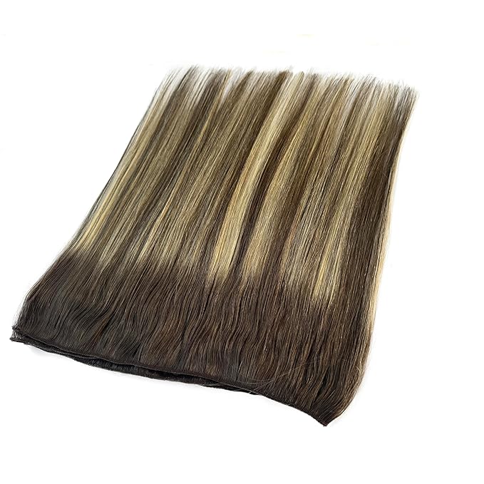 Sew in Hair Extensions Real Human Hair, Hand Tied Human Hair Weft Extensions 16 Inch Ombre Ash Brown to Ash Blonde Balayage Blonde Highlights Hair Weft 80G Straight Human Hair Weft Weaves Bundles