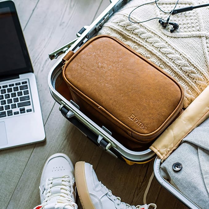 Elviros Toiletry Bag for Men, Large Travel Shaving Dopp Kit Water-resistant Bathroom Toiletries Organizer PU Leather Cosmetic Bags