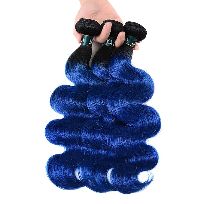 1B/Blue 3Bundles Brazilian Human Hair 182022 Ombre 1b/Blue Bundles Body Wave Human Hair Blue Bundles, 2 Tone Ombre Hair 3 Bundles Hair for Women (182022 blue)
