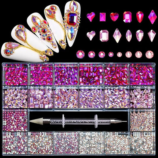 12 Types of Pink AB 600 Diamonds + 2500 Flat Rhinestones Mix 20 Styles Flatback DIY Crafts Rhinestone Crystals 3D Decorations Flat Back Stones Set + Rhinestone Picker Wax Pen