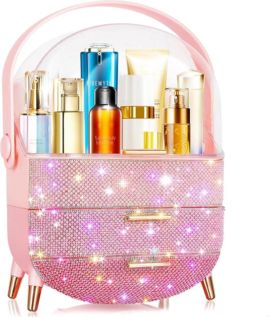 Bling Makeup Organizer for Teen Girl Gift,Hollywood Vanity Makeup Storage Box for Girl Birthday Gift,Practical Gift for Daughter,Bathroom Organizer,Skincare Organizer (Triple Pink)