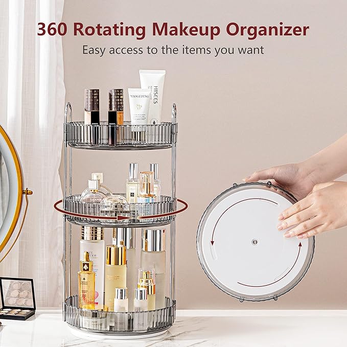 360° Rotating Makeup Organizer, Bathroom Make Up Spinning Holder Rack, Large Capacity Cosmetics Storage Vanity Shelf Countertop, Fits Cosmetics, Perfume, Skincare, Lipsticks(3 Tiers, Gray)