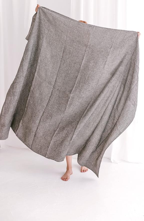 100% Linen Throw Blanket - Extra Large Bath Towel 60x80-inch Black-Natural Waffle Flax Linen Blanket Bed Throw Lightweight Absorbent Thin Oversized Bath Sheets Towels for Adults Quick-Drying XL