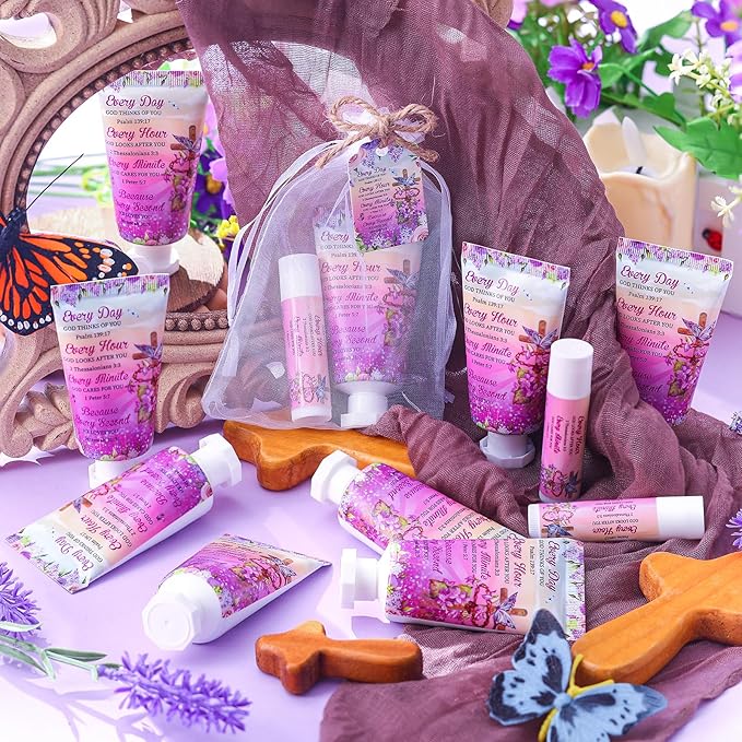 24 Sets Christian Hand Cream and Lip Balm Gift Set Christmas Christian Gift for Women Travel Size Hand Lotion Bible Verse Lip Balm Bulk for Baby Bridal Shower Mom Holiday Gift(Cross)
