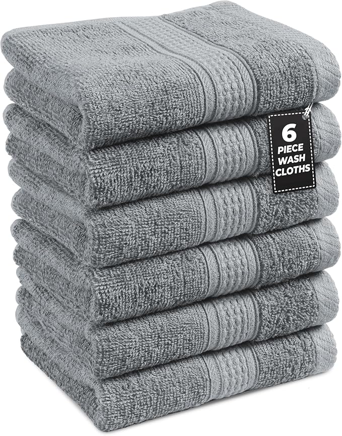 LANE LINEN Wash Cloths Set of 6- Spa & Salon Quality - 100% Ring Spun Cotton Face Cloths - Soft & Ultra Absorbent Washcloths for Body, Beauty, Home, Gym - Fingertip Towels - 13"x13", Cool Grey Towels