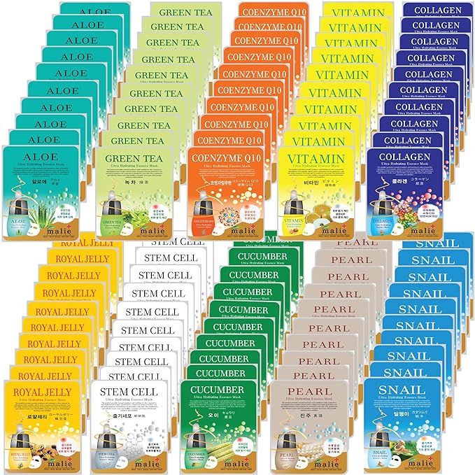 100 Pcs-Combo Ultra Hydraiting Essence Mask (10 types x 10 pcs), Korean Facial Mask Sheet, Skincare Moisturizing