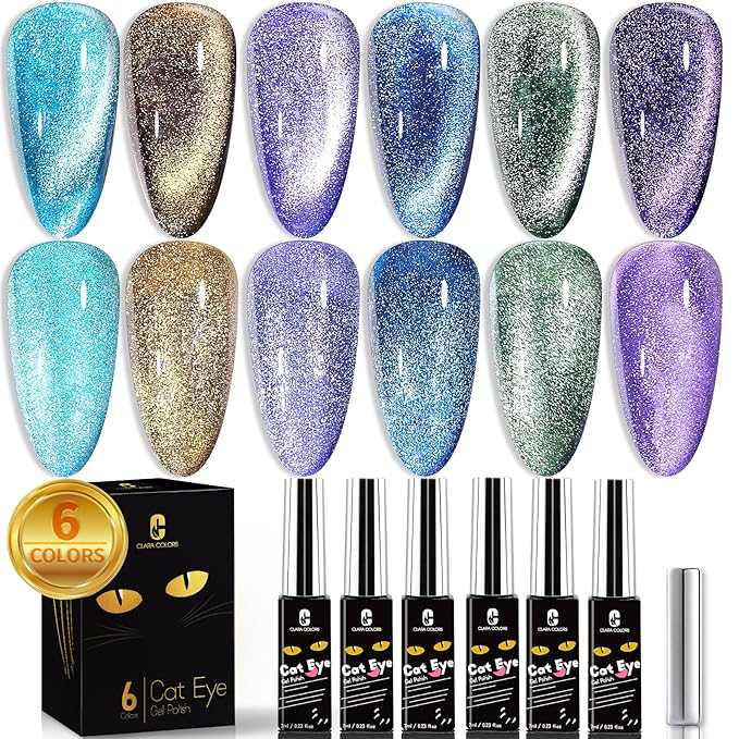 Clara Colors Cat Eye Gel Nail Polish Set, 6 Colors Autumn Romantic Galaxy Series Magnetic Nail Polish Holographic Glitter Cat Eye Gel Polish Kit with Magnet Long Lasting Soak Off UV LED