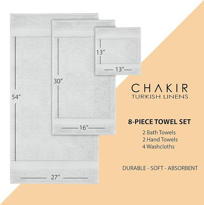 Chakir Turkish Linens Premium Cotton Absorbent Turkish Towels (8-Piece Towel Set, Silver)