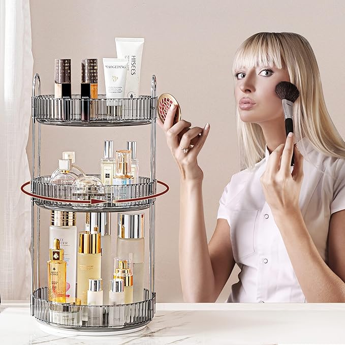 360° Rotating Makeup Organizer, Bathroom Make Up Spinning Holder Rack, Large Capacity Cosmetics Storage Vanity Shelf Countertop, Fits Cosmetics, Perfume, Skincare, Lipsticks(3 Tiers, Gray)