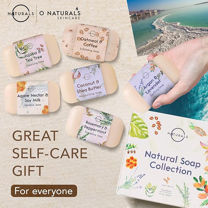 O NATURALS 100% Natural Bar Soap - Assorted 6 PCS Soap Gift Set - Organic Ingredients & Essential Oils - Spa Gifts for Women & Men, Body Wash Soap Bar & Face Soap for Acne - Triple Milled Soap Bars