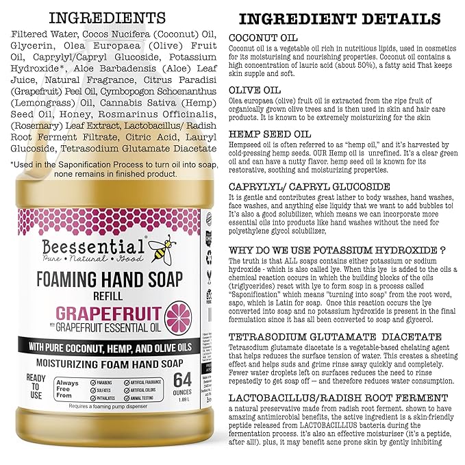 Beessential All Natural Bulk Foaming Hand Soap Refill, 64 oz Grapefruit | Made with Moisturizing Aloe & Honey - Made in the USA