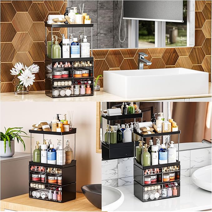 3 Pack Bathroom Organizers and Storage Countertop With 7 Drawers,Stackable Vanity Drawer Organizer for Makeup,18.9" Tall Large Capacity Skincare Organizer and Exquisite Makeup Organizer,Black