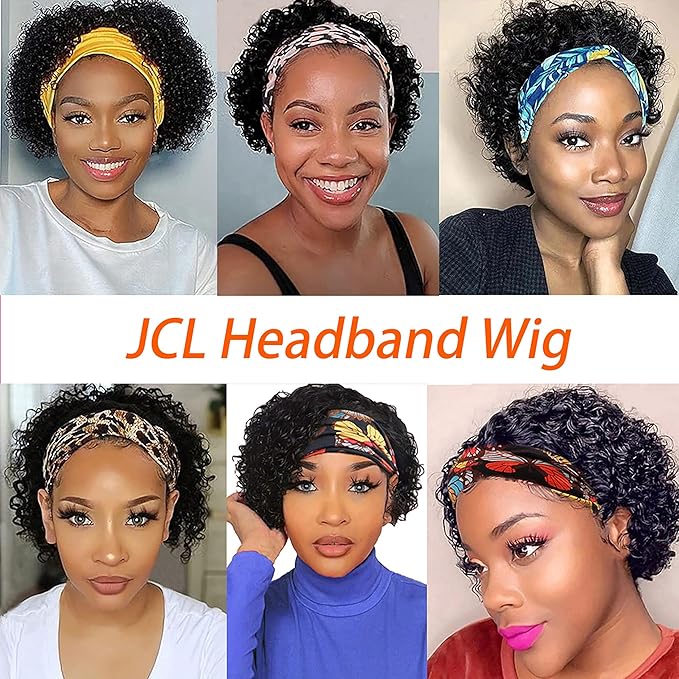 JCL Headband Wig Human Hair Deep Wave Headband Wigs Wig 12 Inch Glueless Wigs Human Hair Natural Color Curly Wigs for Black Women Human Hair None Lace Front Wigs