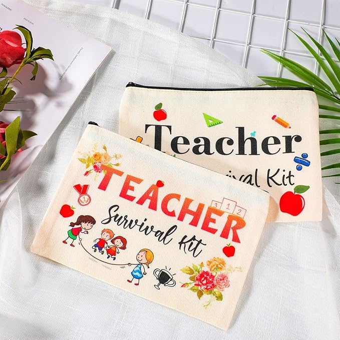 48 Pieces Teacher Appreciation Present Set, 24 Pieces Teacher Survival Kit Makeup Bag Pouch, 24 Pieces Teacher Blessing Card Bracelet, Teacher Cosmetic Bag Kit for Graduation Party