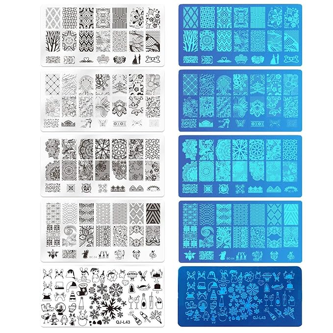 Nail Template Kit - 5pcs Nail Stamping Plates with Stamper & Scraper - 8 Colors Gel Polish Set