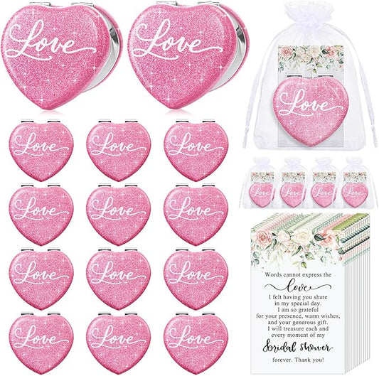 12 Sets Bridal Shower Favors for Guests Include Pink Heart Compact Mirrors Bulk Thank You Cards and Organza Bags Bridal Shower Thank You Gifts Wedding Souvenirs for Bridesmaid